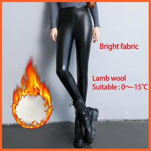 Women Thick Warm Winter High Waisted Push Up Velvet Slimming Pu Leather Legging