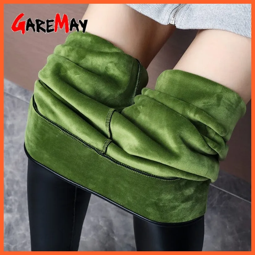 Women Thick Warm Winter High Waisted Push Up Velvet Slimming Pu Leather Legging