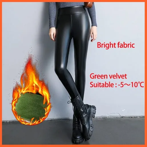 Women Thick Warm Winter High Waisted Push Up Velvet Slimming Pu Leather Legging