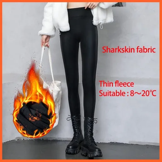 Women Thick Warm Winter High Waisted Push Up Velvet Slimming Pu Leather Legging