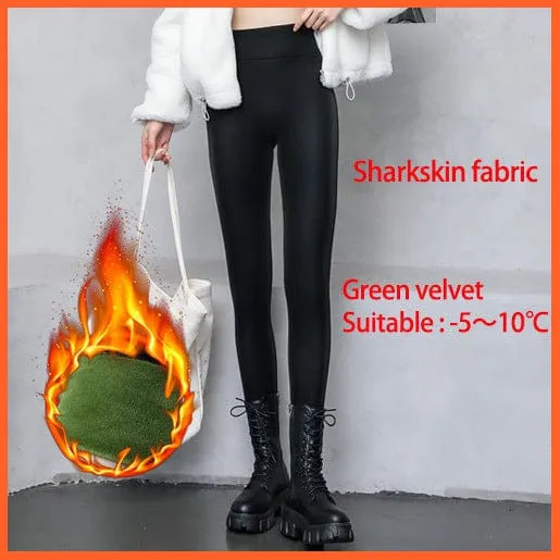 Women Thick Warm Winter High Waisted Push Up Velvet Slimming Pu Leather Legging