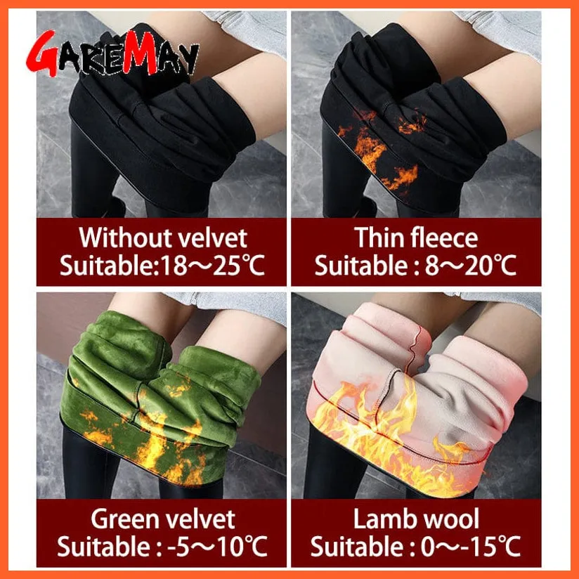 Women Thick Warm Winter High Waisted Push Up Velvet Slimming Pu Leather Legging