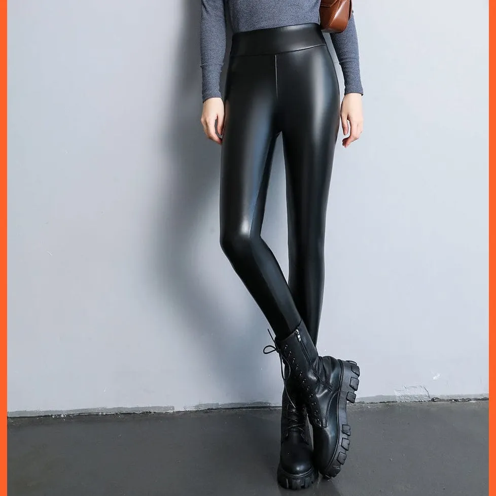 Women Thick Warm Winter High Waisted Push Up Velvet Slimming Pu Leather Legging
