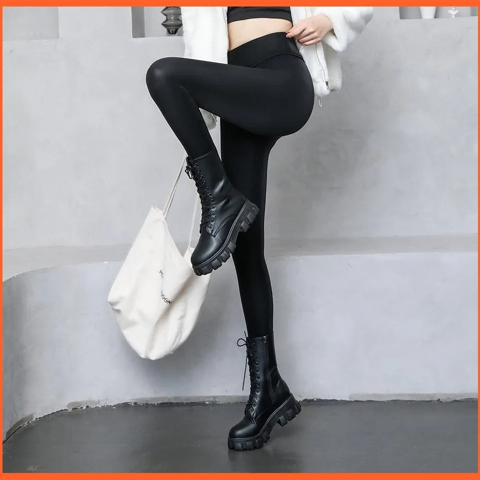 Women Thick Warm Winter High Waisted Push Up Velvet Slimming Pu Leather Legging