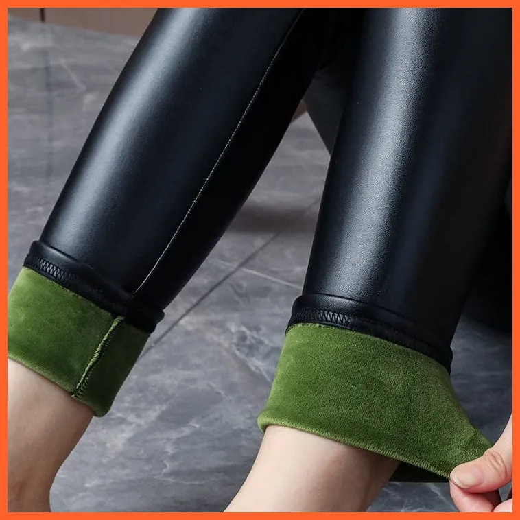 Women Thick Warm Winter High Waisted Push Up Velvet Slimming Pu Leather Legging