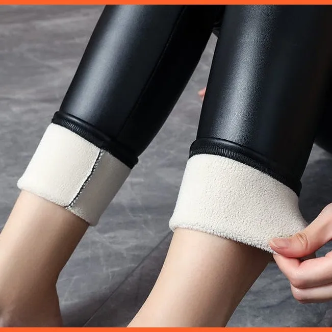 Women Thick Warm Winter High Waisted Push Up Velvet Slimming Pu Leather Legging