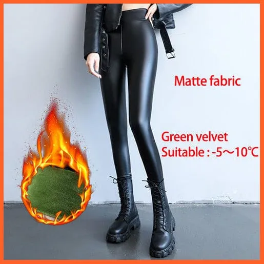 Women Thick Warm Winter High Waisted Push Up Velvet Slimming Pu Leather Legging