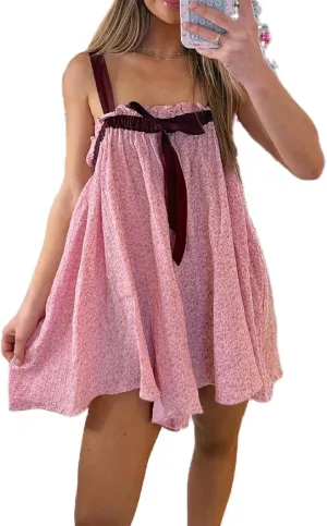 Women Tie Shoulder Floral Mini Dress Bow Babydoll Ruffle Short Dress Square Neck Flowy Boho Dress Summer Beachdress