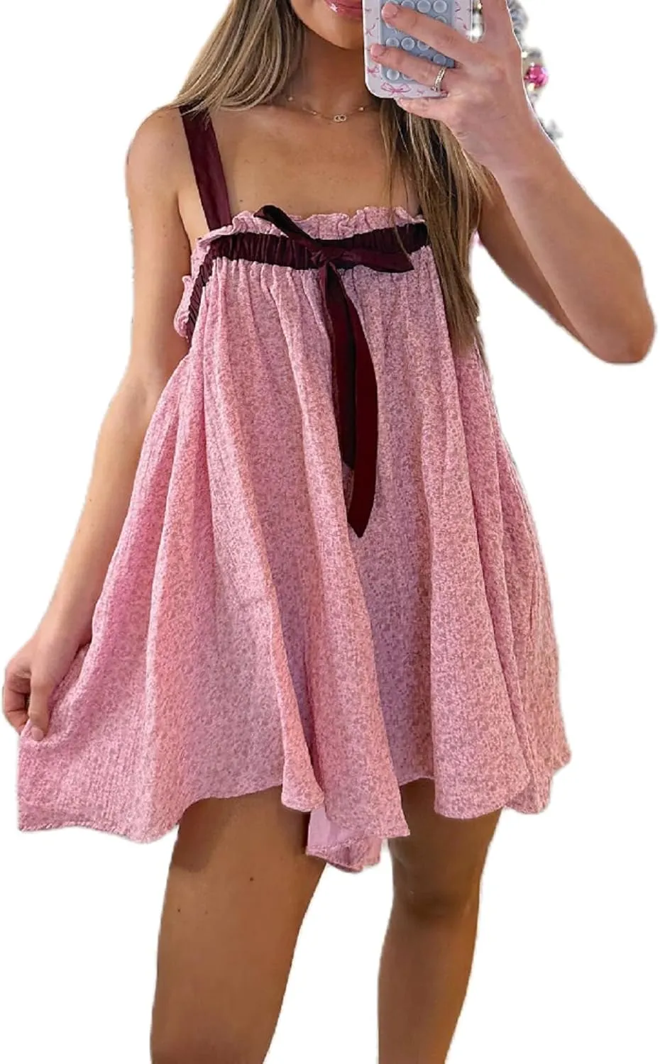 Women Tie Shoulder Floral Mini Dress Bow Babydoll Ruffle Short Dress Square Neck Flowy Boho Dress Summer Beachdress