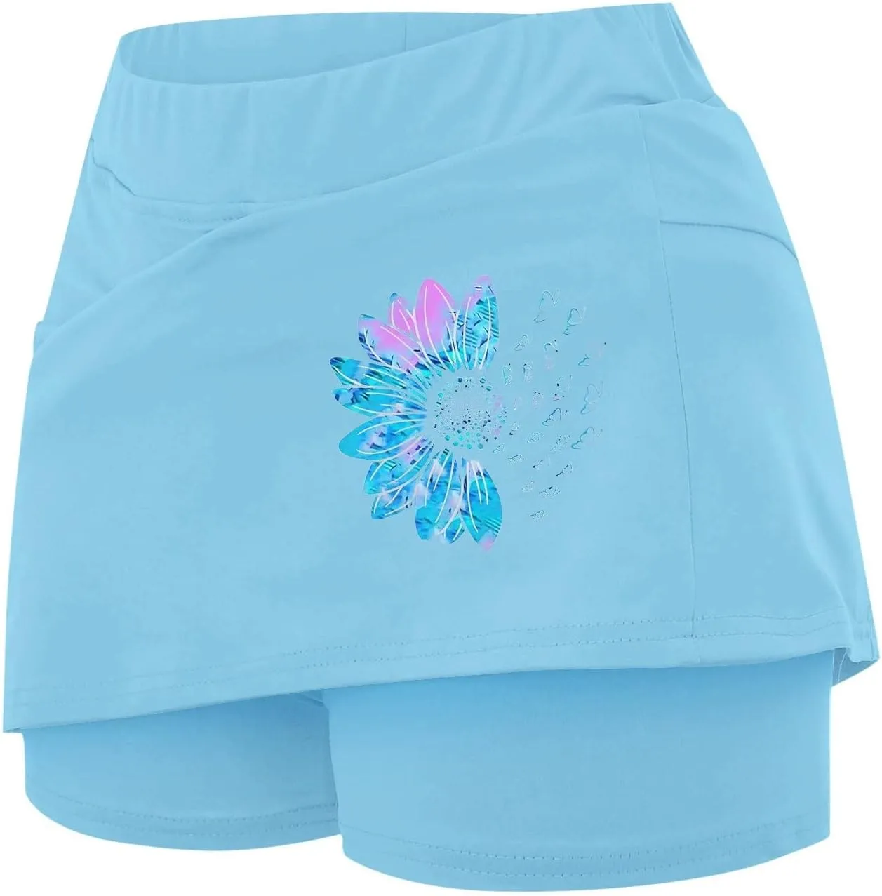Women's 2 in 1 Athletic Skorts Daisy Printing Breathable Tennis Skirt Shorts Stretchy Workout Running Sport Shorts