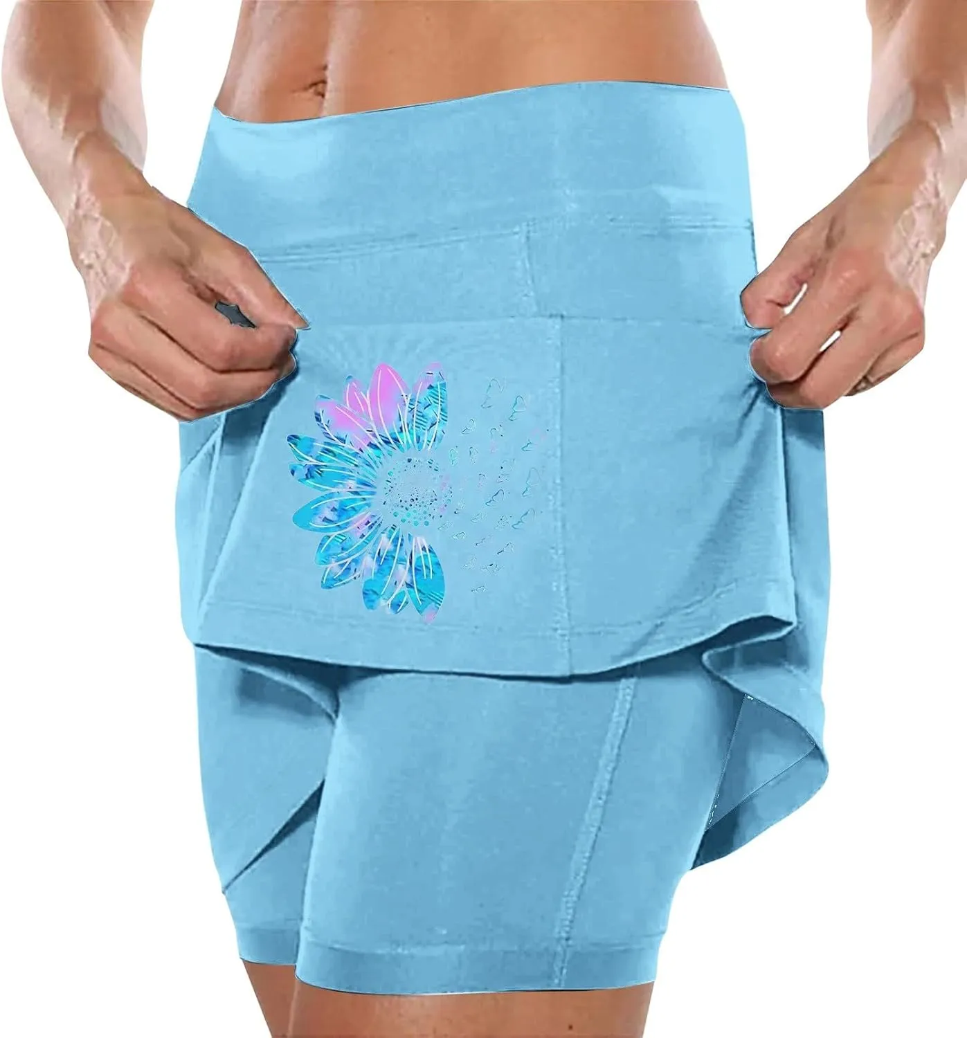 Women's 2 in 1 Athletic Skorts Daisy Printing Breathable Tennis Skirt Shorts Stretchy Workout Running Sport Shorts