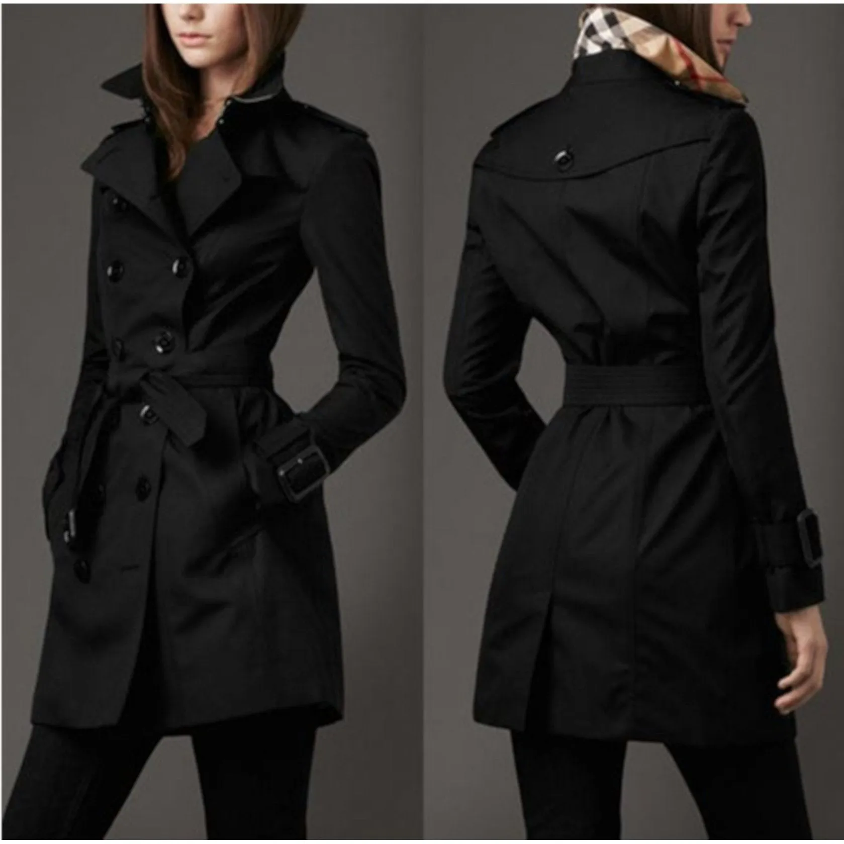 Womens Black Double Breasted Trench Coat Lightweight Rain Jacket