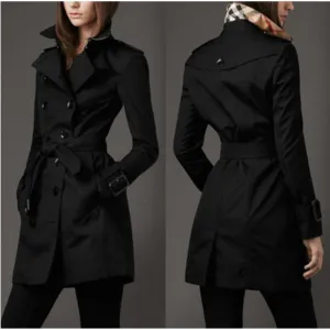 Womens Black Double Breasted Trench Coat Lightweight Rain Jacket