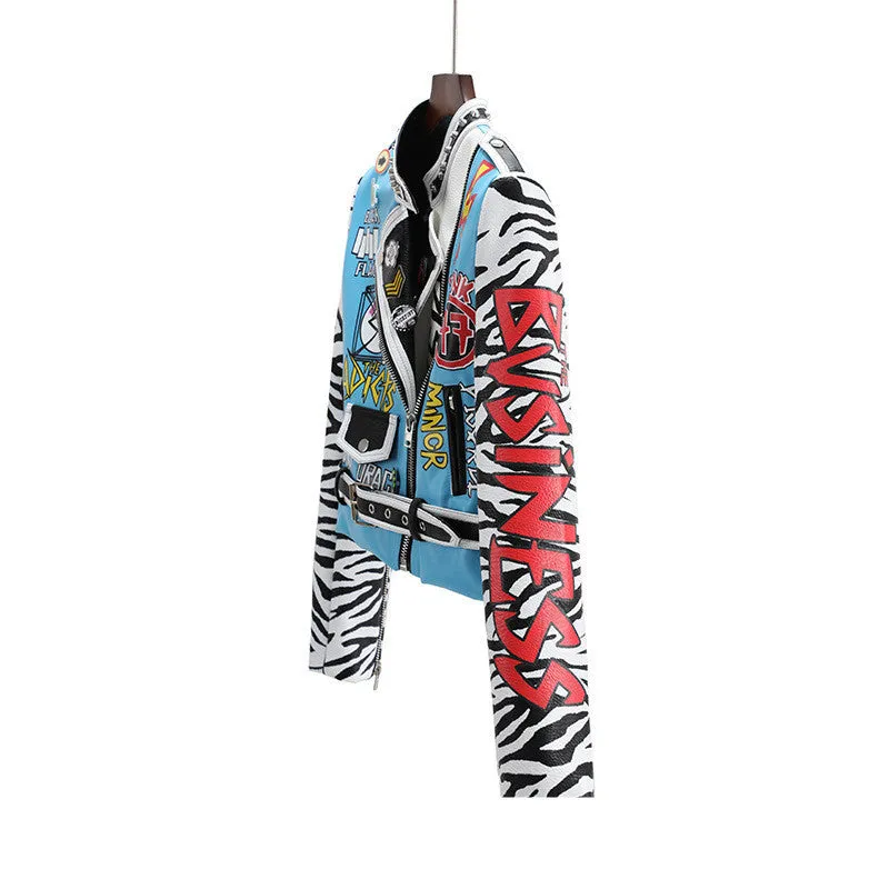 Women’s Blue Faux Leather Moto Jacket – Punk Style Zip-Up Outerwear