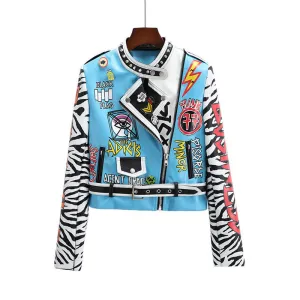 Women’s Blue Faux Leather Moto Jacket – Punk Style Zip-Up Outerwear