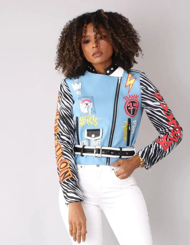 Women’s Blue Faux Leather Moto Jacket – Punk Style Zip-Up Outerwear