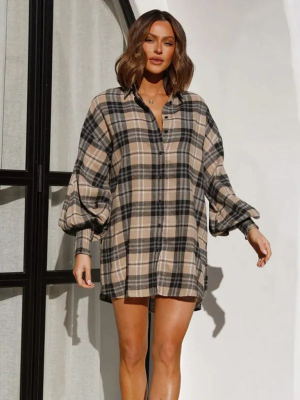Women's comfortable plaid lantern sleeve long sleeve shirt