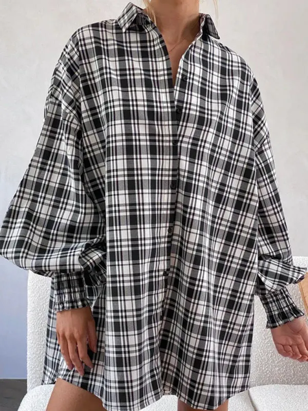 Women's comfortable plaid lantern sleeve long sleeve shirt