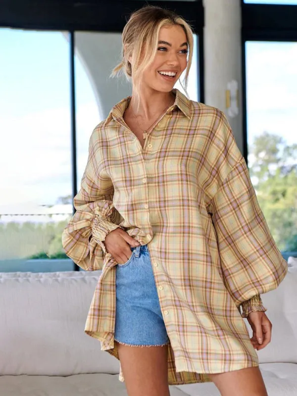 Women's comfortable plaid lantern sleeve long sleeve shirt