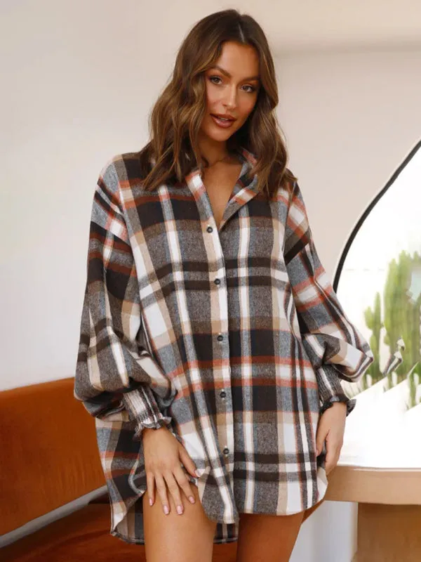 Women's comfortable plaid lantern sleeve long sleeve shirt