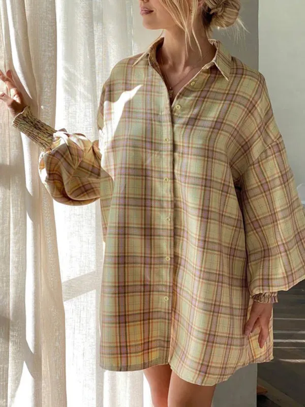 Women's comfortable plaid lantern sleeve long sleeve shirt