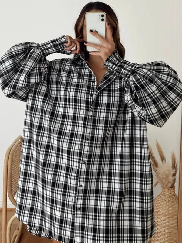 Women's comfortable plaid lantern sleeve long sleeve shirt