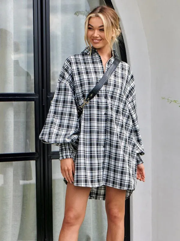 Women's comfortable plaid lantern sleeve long sleeve shirt