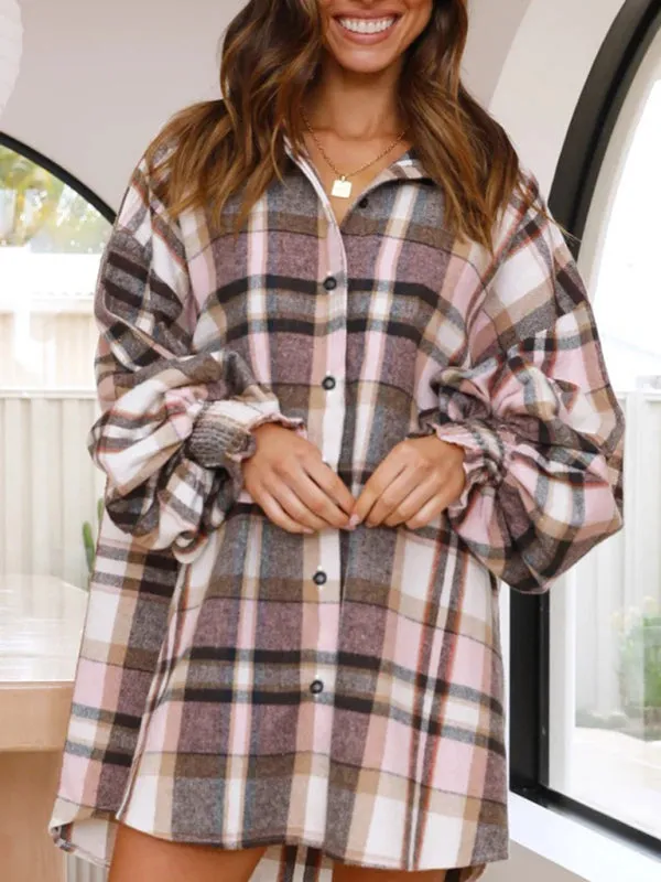 Women's comfortable plaid lantern sleeve long sleeve shirt