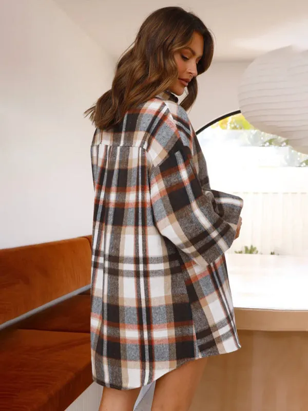 Women's comfortable plaid lantern sleeve long sleeve shirt
