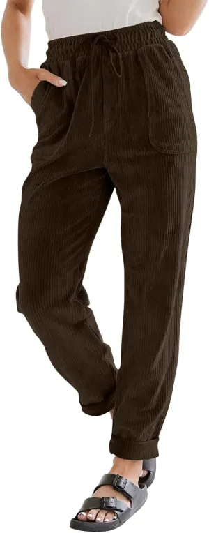 Womens Corduroy Pants Straight Leg Trouser Pants Elastic Waist Relaxed Fit Comfy Casual Work Pants with Pockets