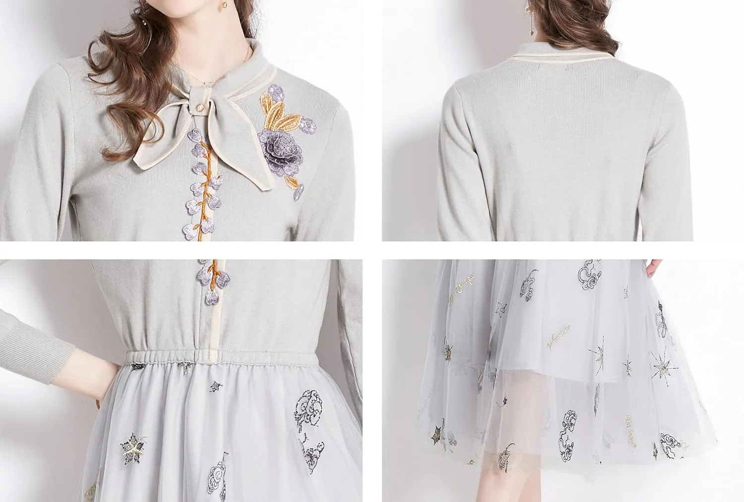 Women's Crewneck Embroidered Sweater Knit Tops Mesh Pleated Skirt Long Sleeve Midi Dress
