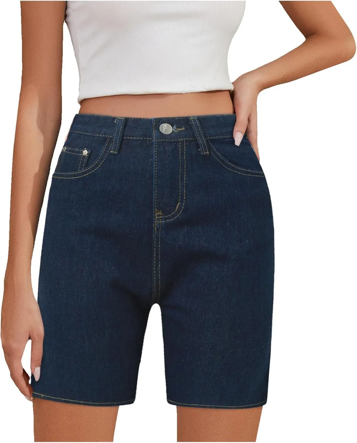 Women's Denim Shorts Trendy High Waisted Casual Summer Cropped Stretchy Bermuda Long Jean Shorts Straight Leg Pants