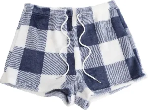 Women's Flannel Shorts Fashion Plaid Printed Lace up Waist Plush Sleepwear Bottoms Loose Casual Pajamas Short Pant