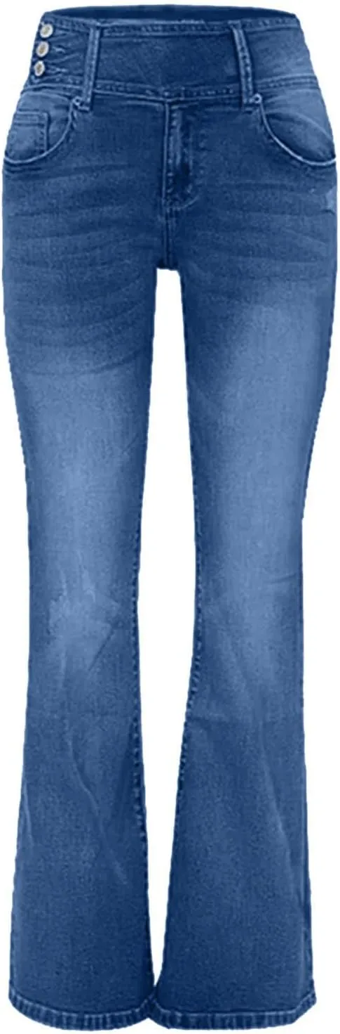 Womens Flare Jeans High Waisted Wide Leg Baggy Stretchy Skinny Destroyed Straight Leg Ankle Denim Pants Bell Bottom