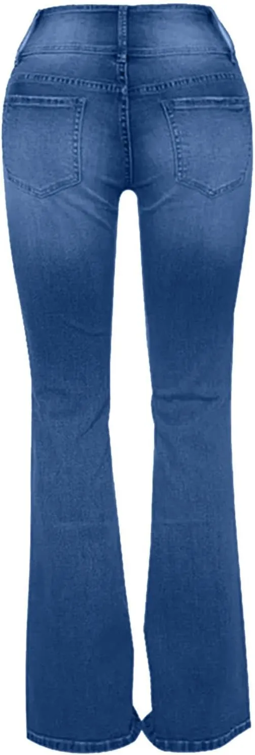 Womens Flare Jeans High Waisted Wide Leg Baggy Stretchy Skinny Destroyed Straight Leg Ankle Denim Pants Bell Bottom
