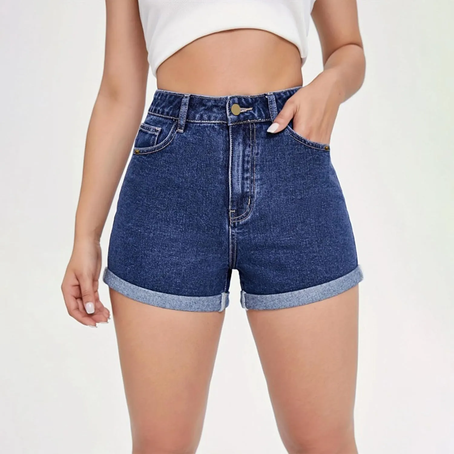 Women's Jean Shorts High Waisted Stretchy Casual Rolled Hem Zimbaplatinum Denim Shorts