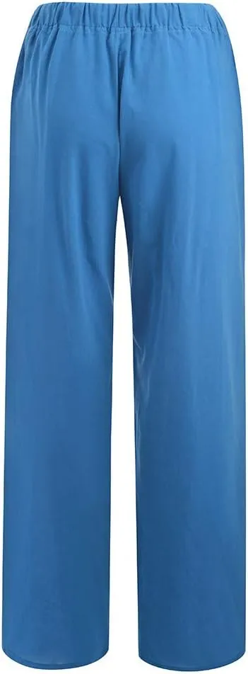 Women's Linen Summer Solid Palazzo Pants Elastic Waist Wide Leg Plus Size Trouser Travel
