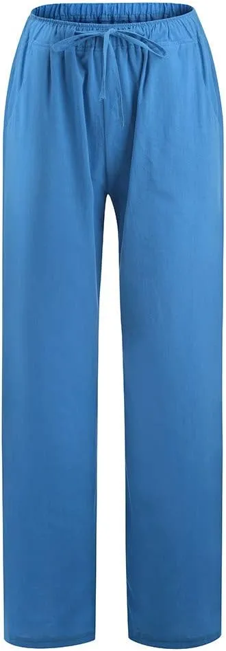 Women's Linen Summer Solid Palazzo Pants Elastic Waist Wide Leg Plus Size Trouser Travel