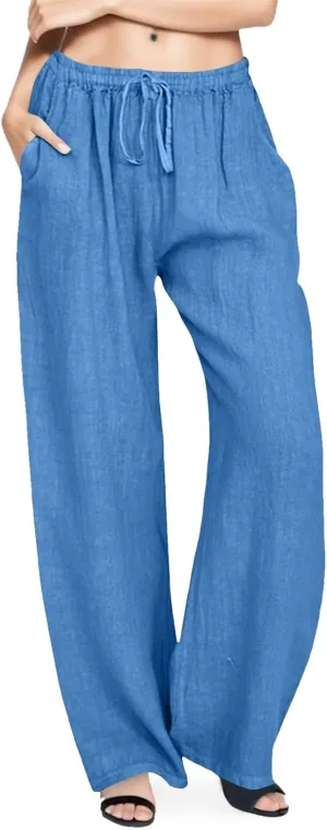 Women's Linen Summer Solid Palazzo Pants Elastic Waist Wide Leg Plus Size Trouser Travel