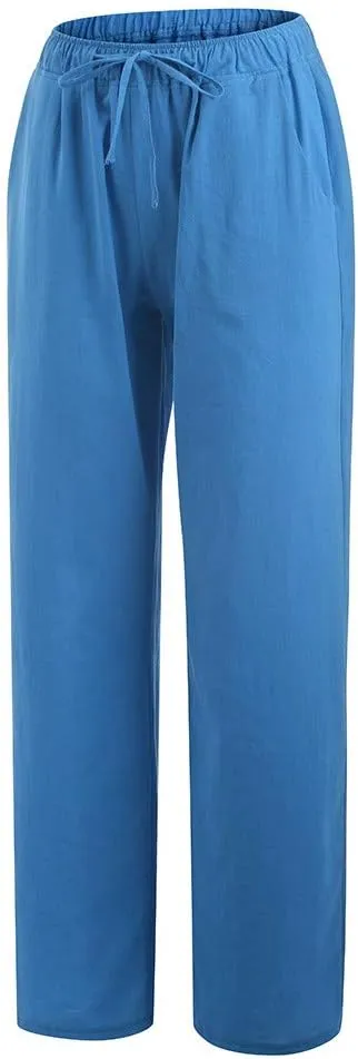 Women's Linen Summer Solid Palazzo Pants Elastic Waist Wide Leg Plus Size Trouser Travel
