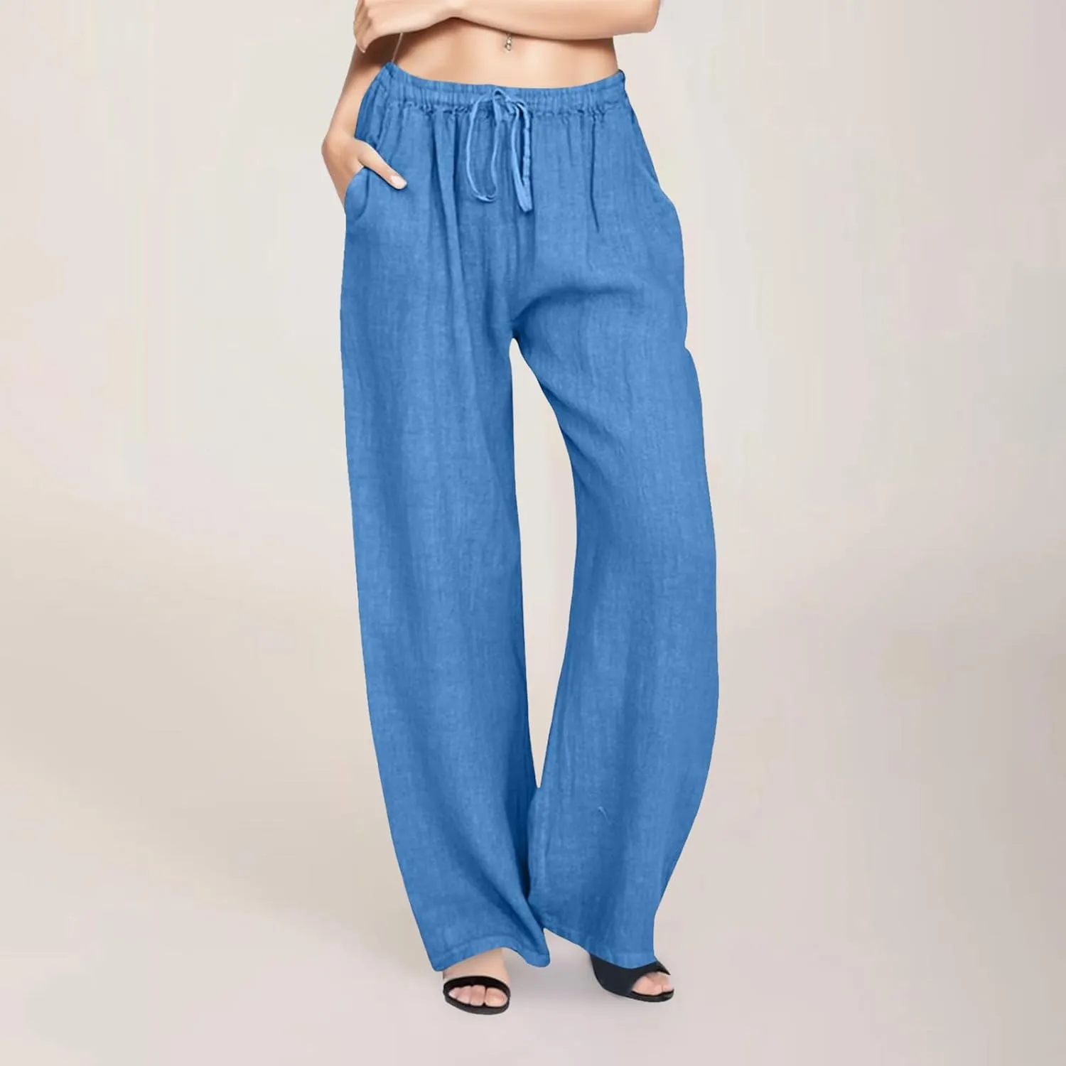 Women's Linen Summer Solid Palazzo Pants Elastic Waist Wide Leg Plus Size Trouser Travel
