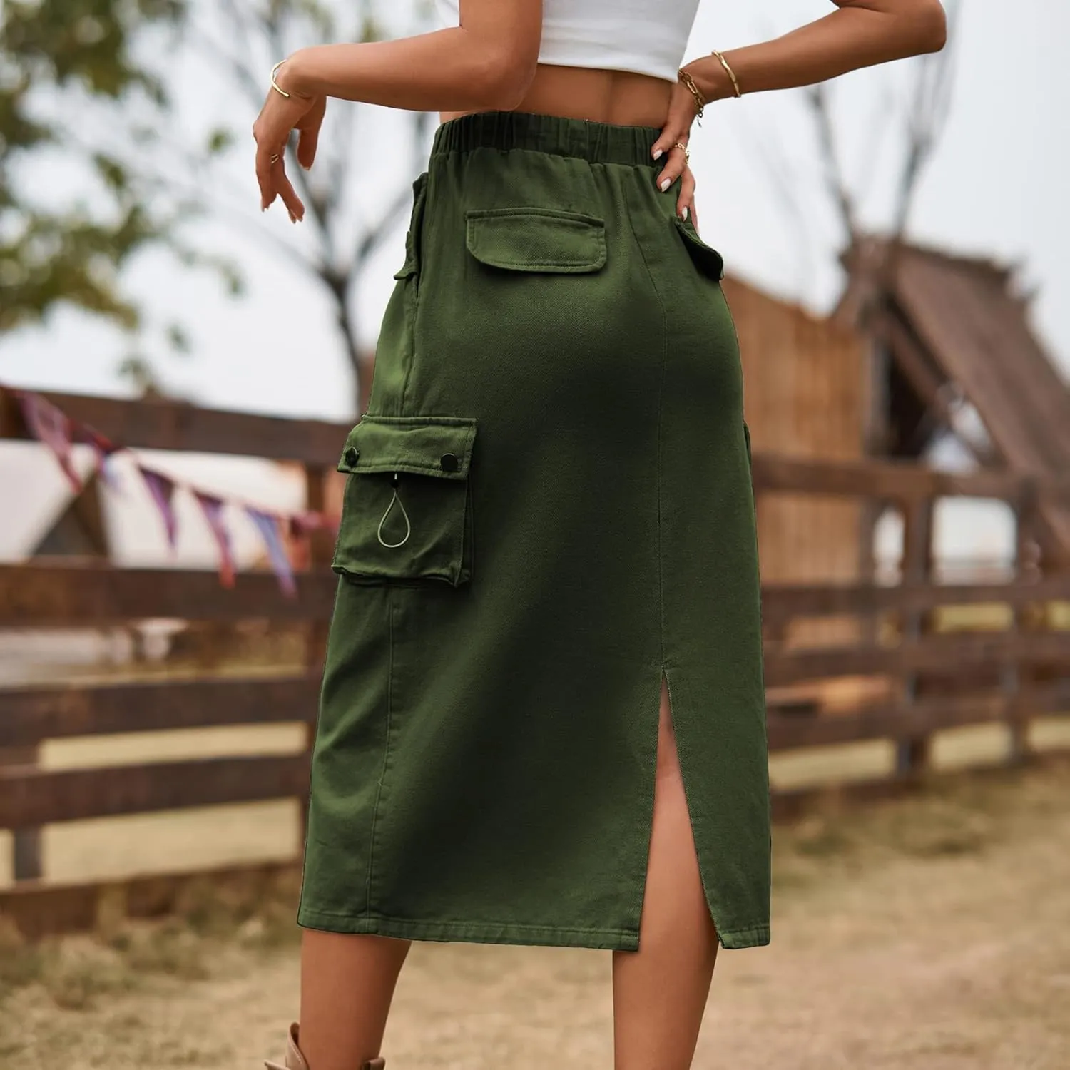 Womens Long Denim Cargo Skirts High Waisted Flap Pocket Jean Midi Skirt with Drawstring Y2K Streetwear