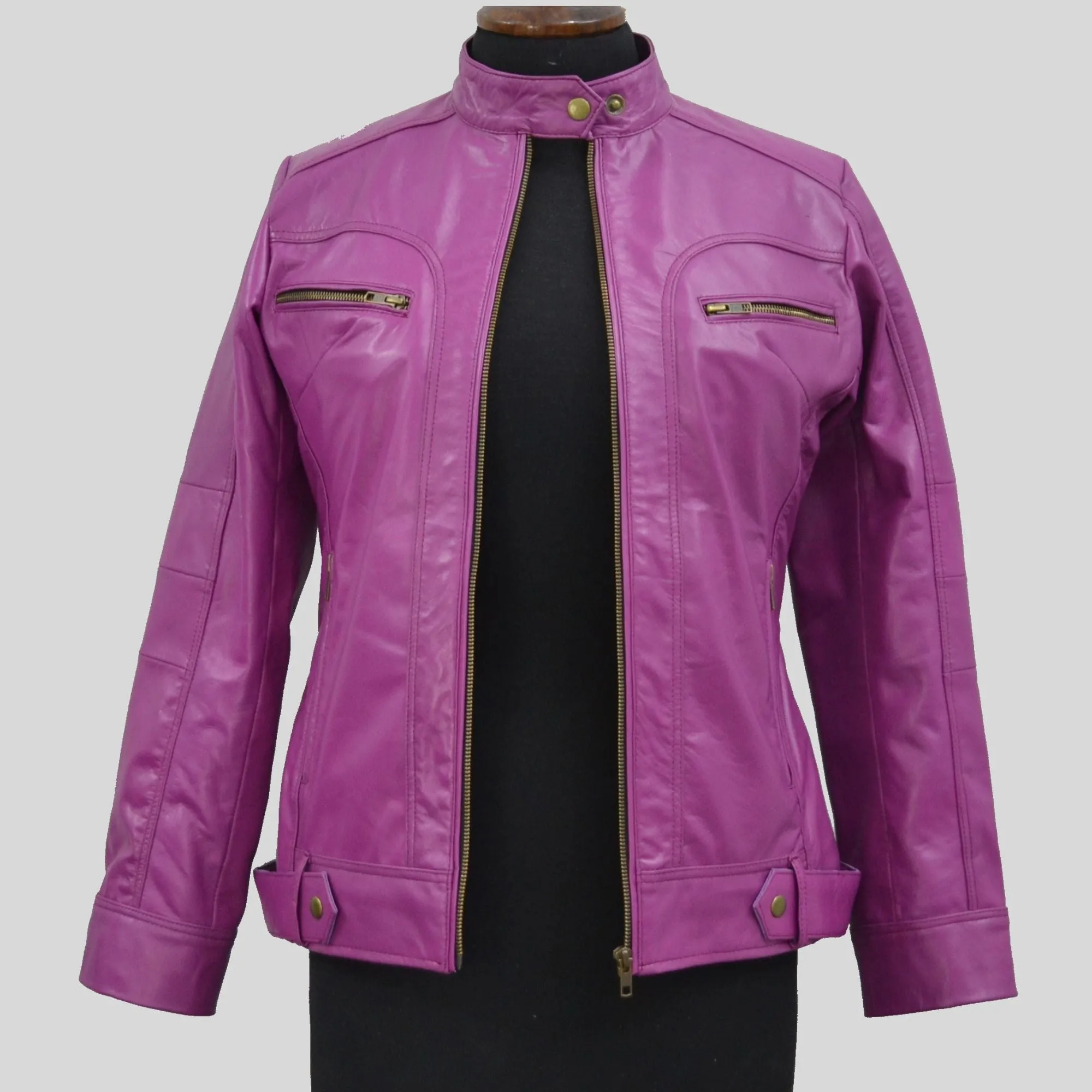 Women's Pink Genuine Lambskin Cafe Racer Leather Jacket