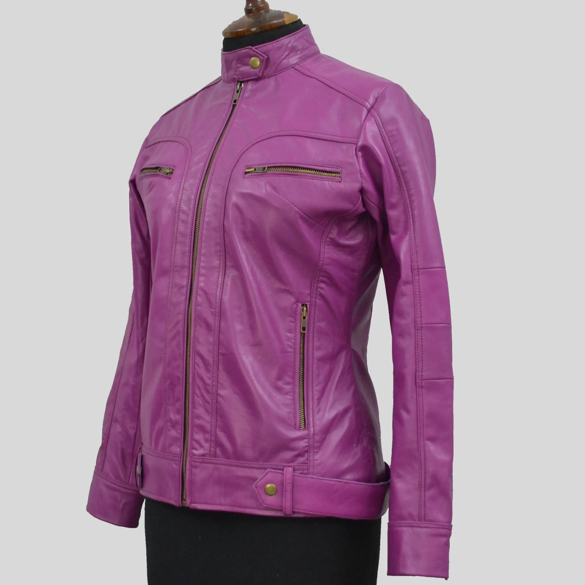 Women's Pink Genuine Lambskin Cafe Racer Leather Jacket