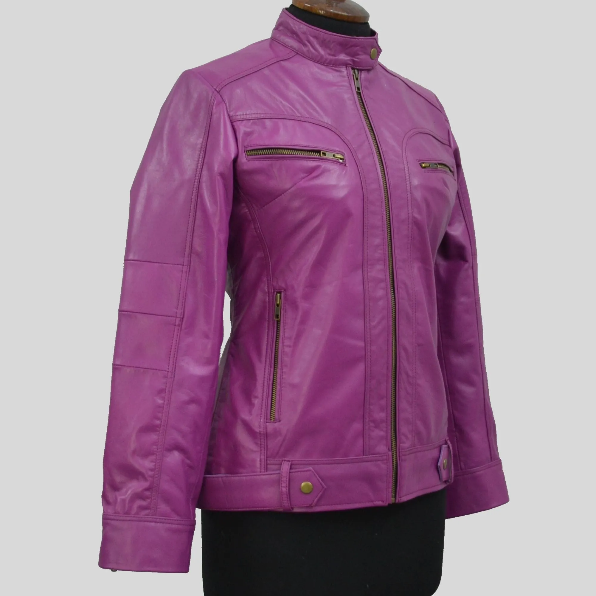 Women's Pink Genuine Lambskin Cafe Racer Leather Jacket