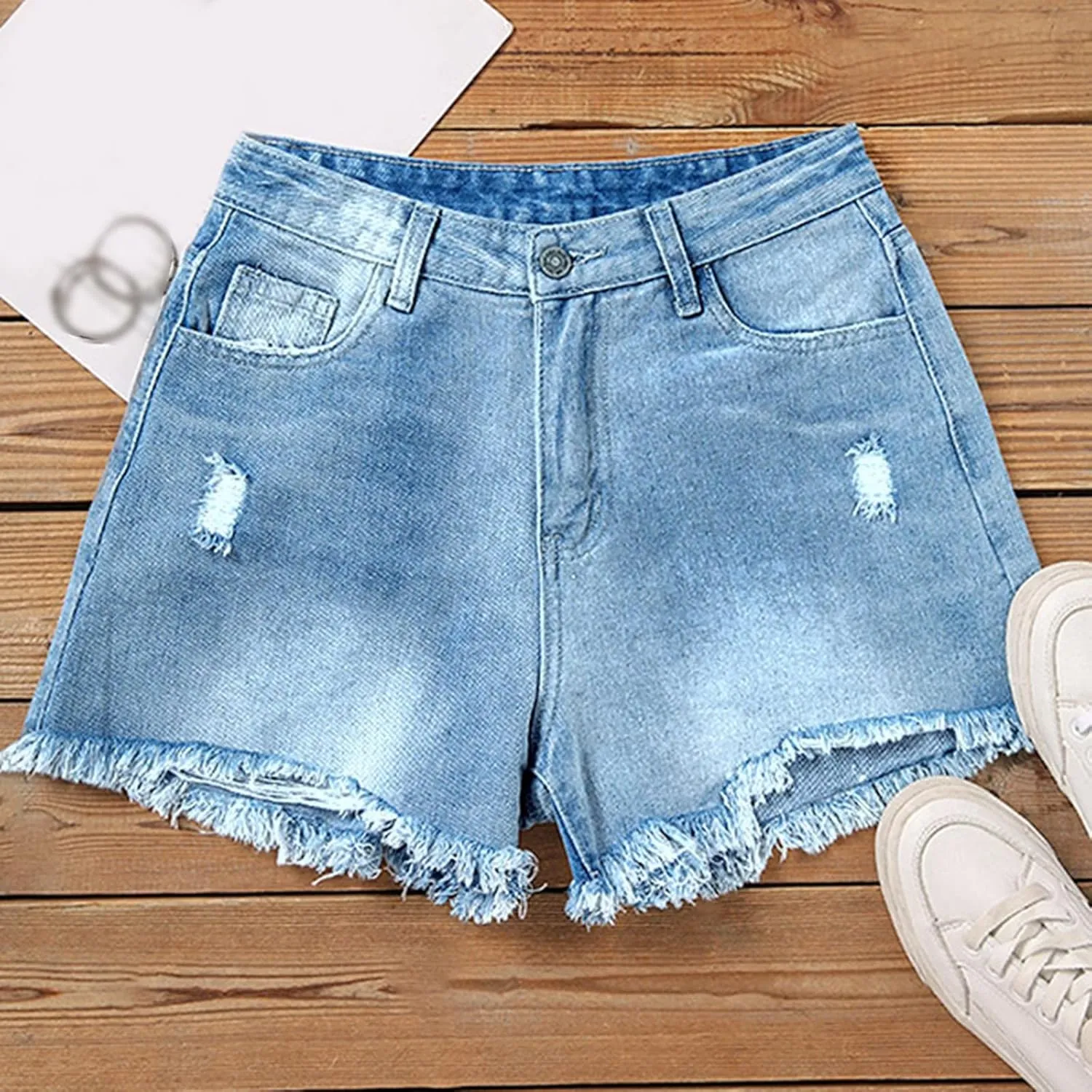 Women's Ripped Denim Shorts High Waisted Casual Summer Stretch Ladies Distressed Frayed Raw Hem Baggy Jean Shorts