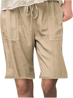 Womens Summer Casual Shorts Elastic Drawstring Waist Straight-Legs Shorts Cotton Linen 5 Inch Casual Shorts Sweat Shorts