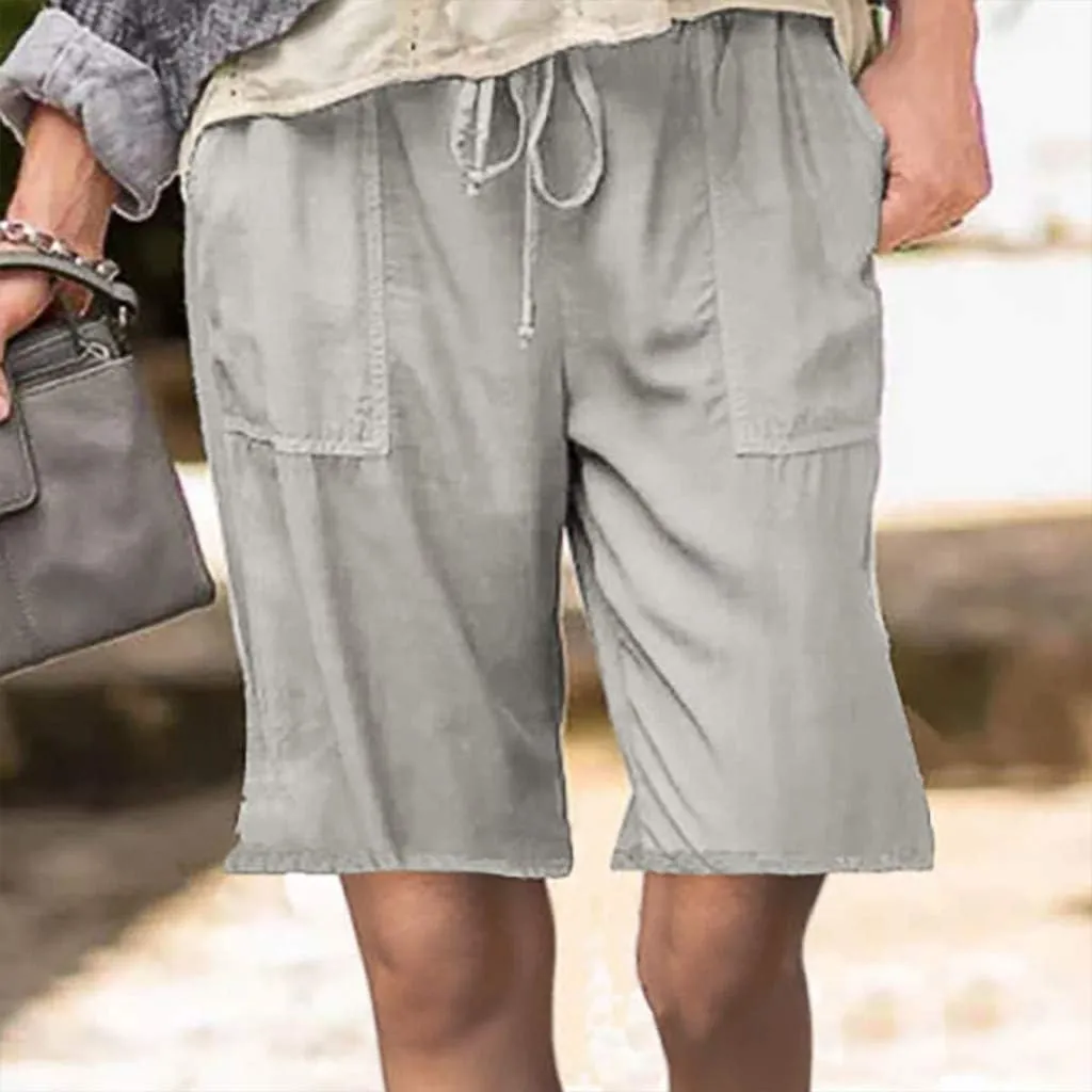 Womens Summer Casual Shorts Elastic Drawstring Waist Straight-Legs Shorts Cotton Linen 5 Inch Casual Shorts Sweat Shorts