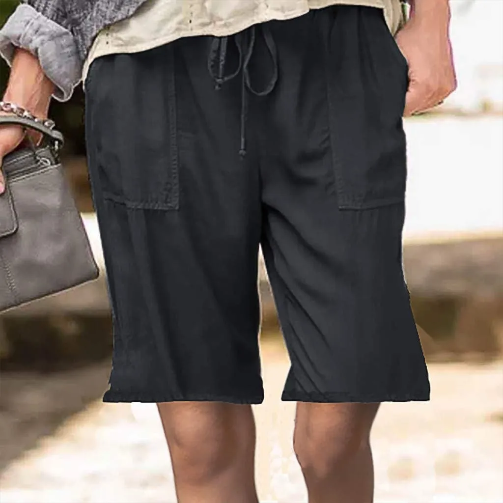 Womens Summer Casual Shorts Elastic Drawstring Waist Straight-Legs Shorts Cotton Linen 5 Inch Casual Shorts Sweat Shorts