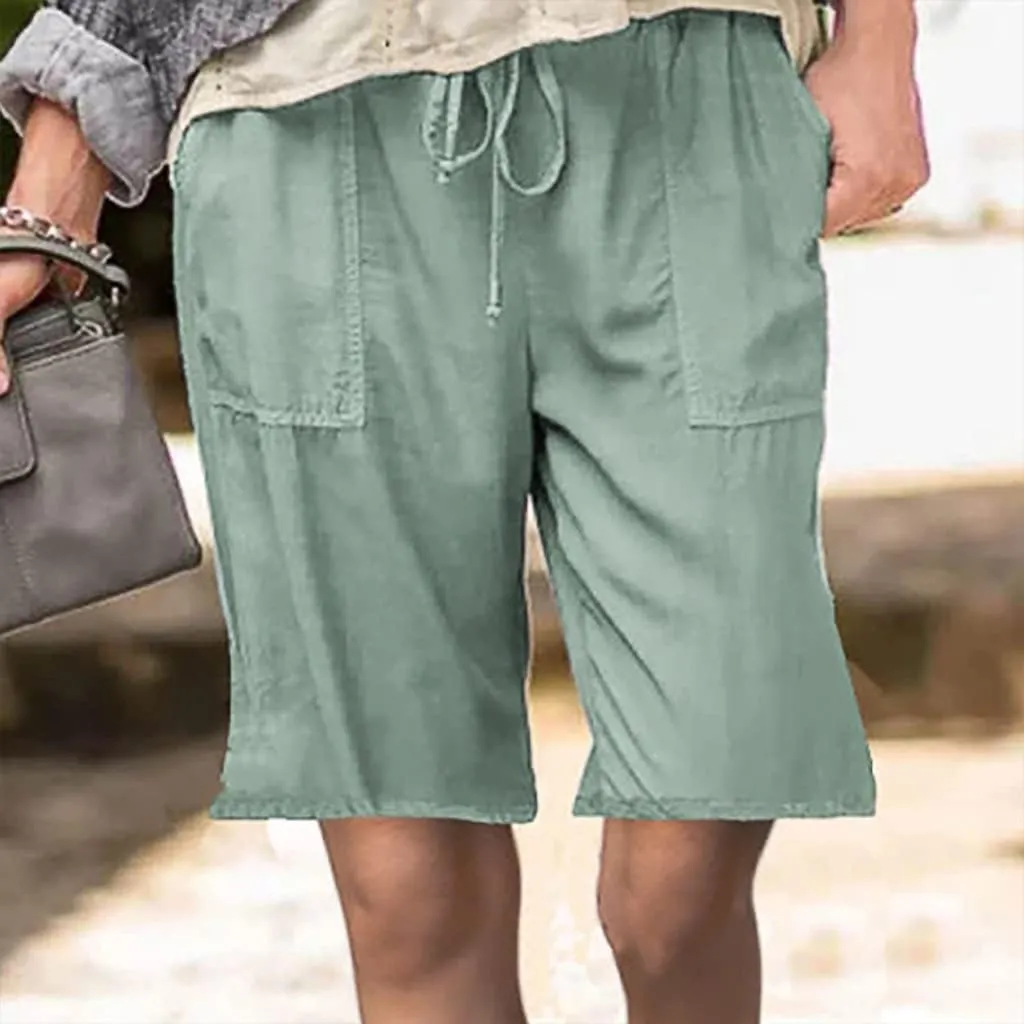 Womens Summer Casual Shorts Elastic Drawstring Waist Straight-Legs Shorts Cotton Linen 5 Inch Casual Shorts Sweat Shorts
